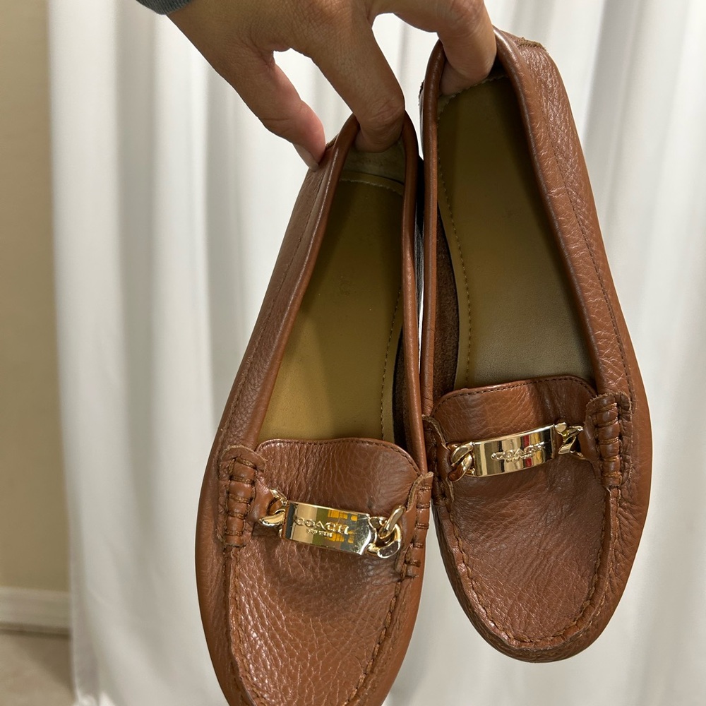 Brown Leather Loafers with Gold Accent - Picture 2 of 10